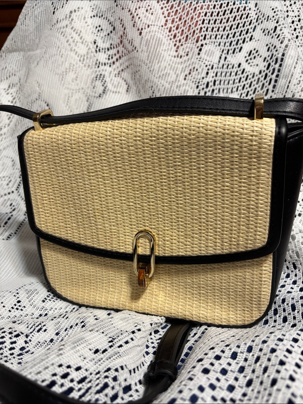 a new day Beige Woven Crossbody with Black Trim